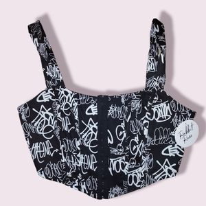 Rabbit rose top black and white graffiti corset tank NWT